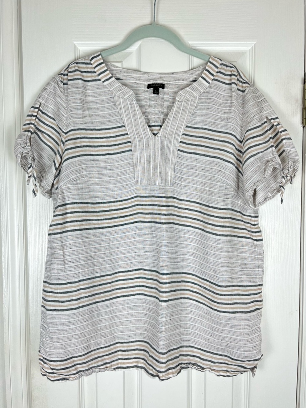 Talbots 100% Linen Reef Stripe Tie Sleeve Top Sz L Coastal Lightweight - Picture 2 of 9